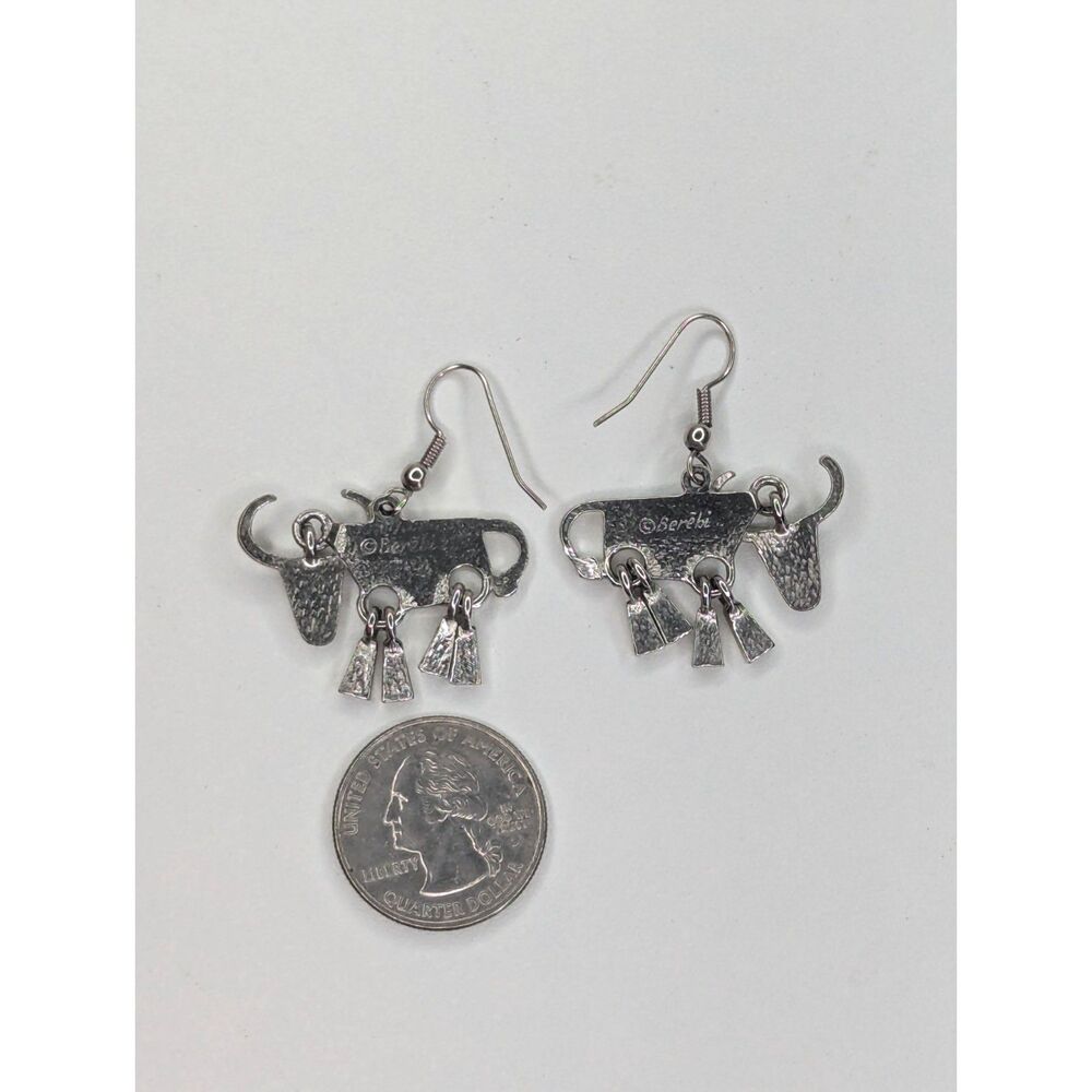 Vintage Signed E. Berebi Western Longhorn Dangle Earrings Silver Tone Teal Cream - Picture 6 of 6